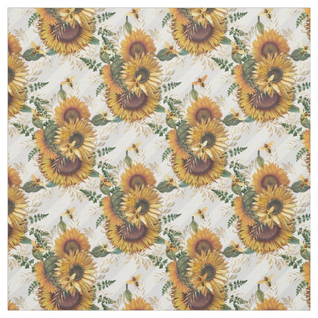 Sunflowers Yellow Bouquet Stripes Watercolor Fabric (Swatch)