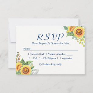 Sunflowers Yellow Navy Blue Rustic Wedding RSVP
