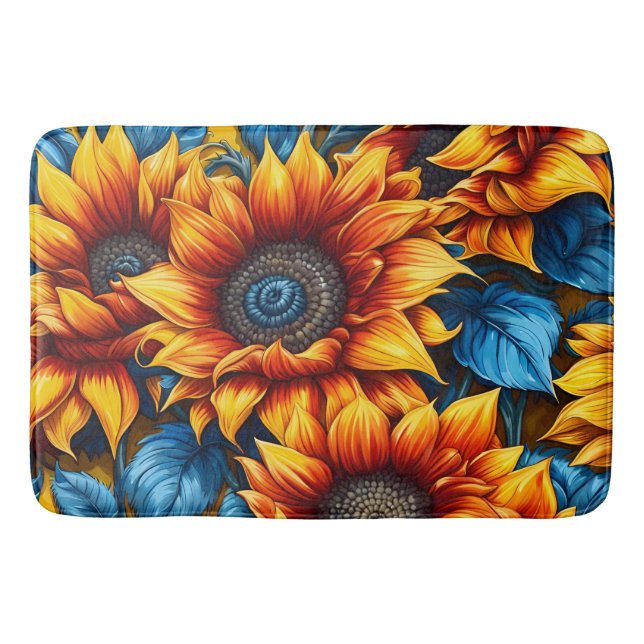 Sunflowers yellow red and Blue Bath Mat (Front)