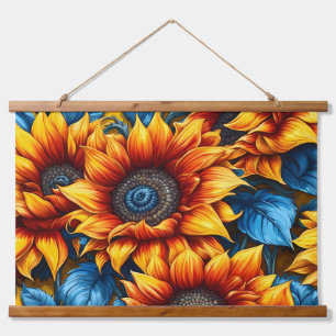 Sunflowers yellow red and Blue Hanging Tapestry