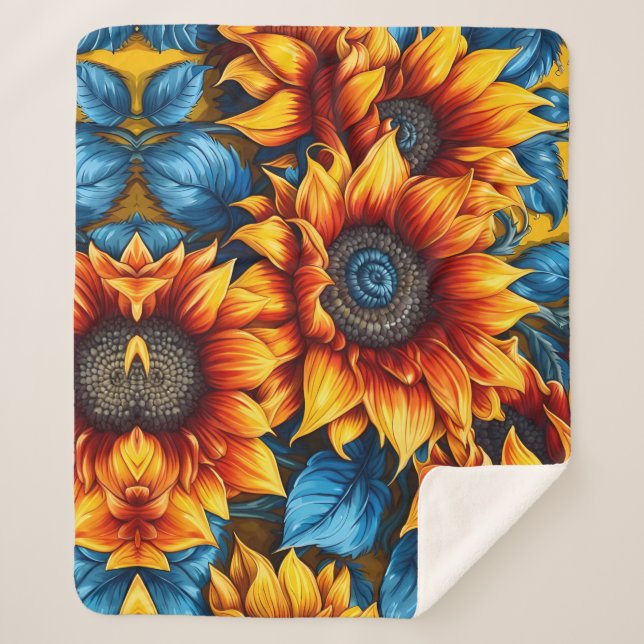 Sunflowers yellow red and Blue Sherpa Blanket (Front)