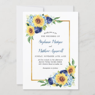 Sunflowes Dusty Blue Floral Gold Border Wedding Invitation