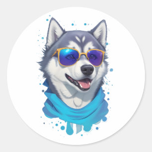 Sunglass-Wearing Husky Dog in Playful Splash Classic Round Sticker