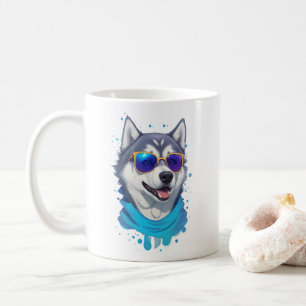 Sunglass-Wearing Husky Dog in Playful Splash Coffee Mug
