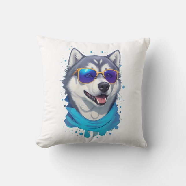 Sunglass-Wearing Husky Dog in Playful Splash Cushion (Front)