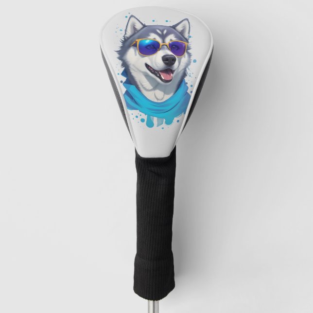 Sunglass-Wearing Husky Dog in Playful Splash Golf Head Cover (Front)