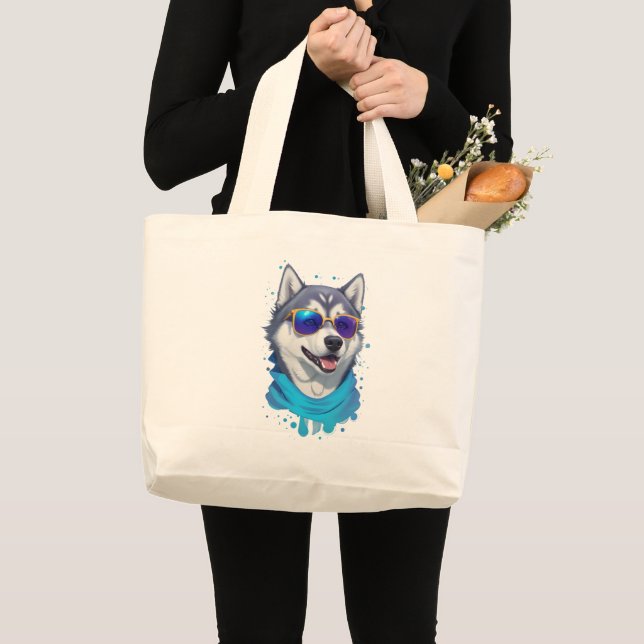 Sunglass-Wearing Husky Dog in Playful Splash Large Tote Bag (Front (Product))