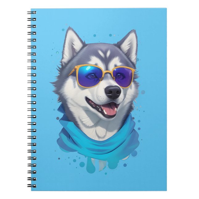 Sunglass-Wearing Husky Dog in Playful Splash Notebook (Front)