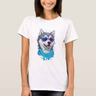 Sunglass-Wearing Husky Dog in Playful Splash T-Shirt