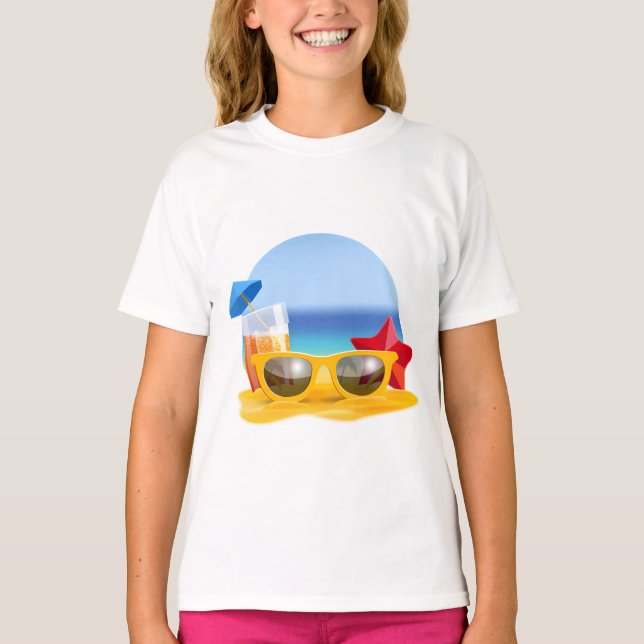 Sunglasses and Beach Scene for Summer T-Shirt (Front)