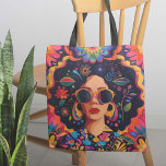 Sunglasses and Sass Tote Bag<br><div class="desc">Embrace your unique style and celebrate diversity with this amazing design. It's made for strong, independant women who love expressing themselves. The design shows a confident woman in bold colours and cool patterns, rocking stylish sunglasses and statement earrings. Vibrant flowers and abstract art represent creativity and togetherness. Bring boldness and...</div>