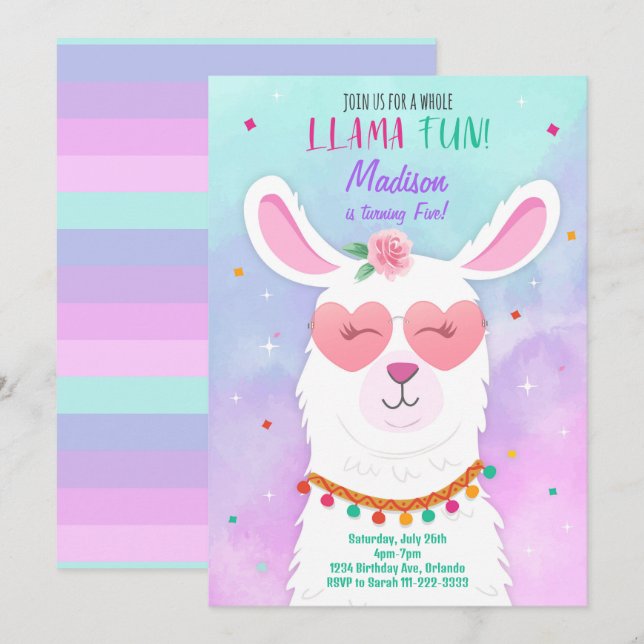 Sunglasses Llama Kids Birthday Invitation (Front/Back)