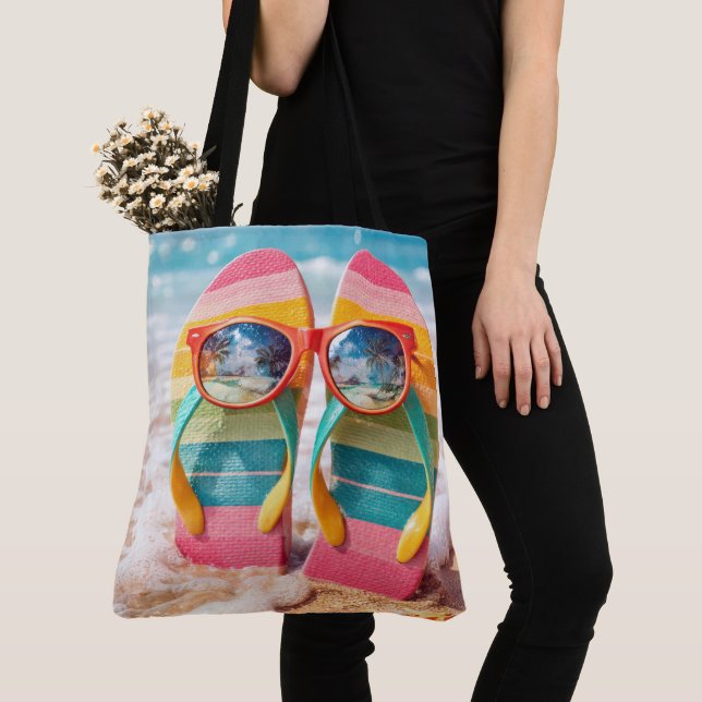 Sunglasses On Flip-flops In Beach Sand Tote Bag (Close Up)
