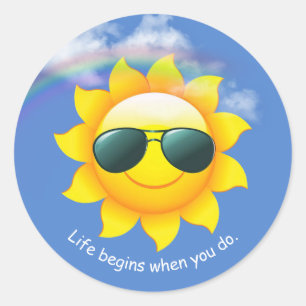 Sunglasses on yellow sun in sky with quote classic round sticker