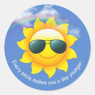 Sunglasses on yellow sun in sky with quote classic round sticker