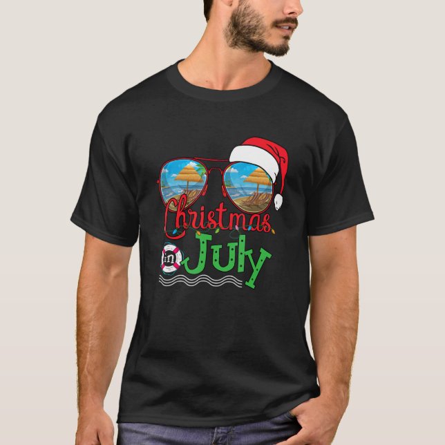 Sunglasses Santa Hat Christmas In July Summer T-Shirt (Front)