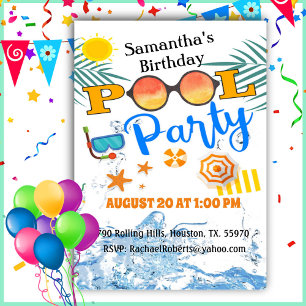 Sunglasses Tropical Pool Party Birthday Invitatio Invitation