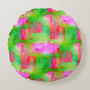 Sunlight abstract painted yellow, pink round cushion