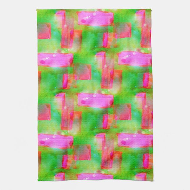 Sunlight abstract painted yellow, pink tea towel (Vertical)