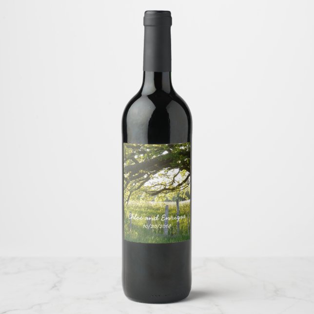 Sunlight And Trees Personalised Wedding Wine Label (Front)