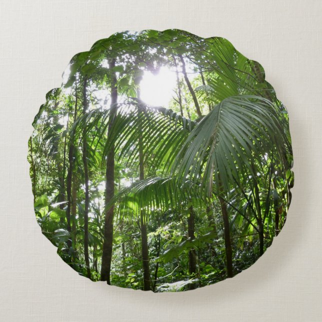 Sunlight Through Rainforest Canopy Tropical Green Round Cushion (Front)