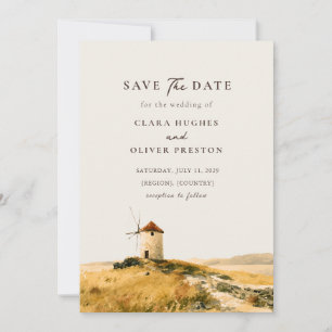 Sunlit Aegean Coast Greek Island Windmill Wedding Save The Date