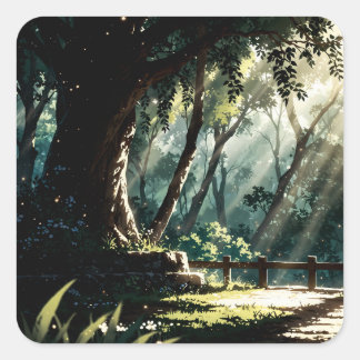 Sunlit anime forest glade square sticker