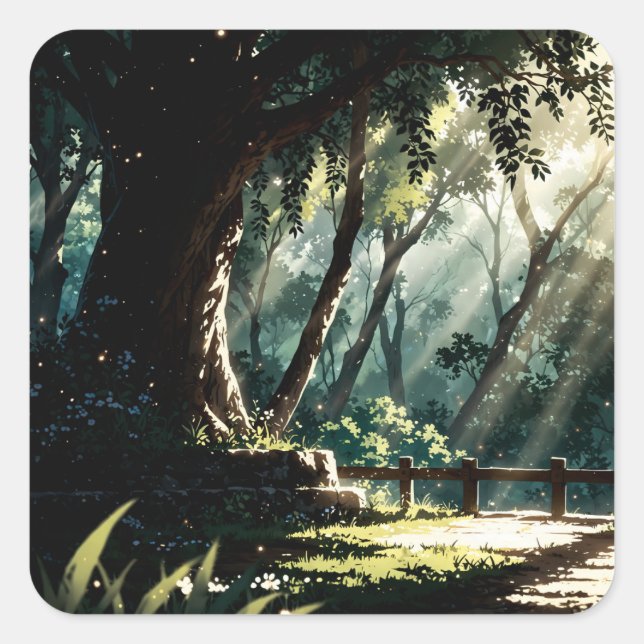 Sunlit anime forest glade square sticker (Front)