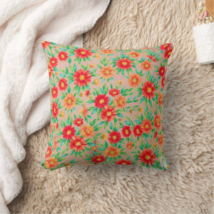 Sunlit Blooms" - Orange and Red Floral Woven Place Cushion
