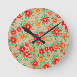 Sunlit Blooms" - Orange and Red Floral Woven Place Round Clock