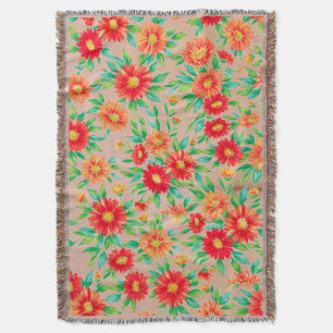 Sunlit Blooms" - Orange and Red Floral Woven Place Throw Blanket