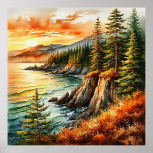 Sunlit Coastal Forest Overlooking Ocean Waves Poster
