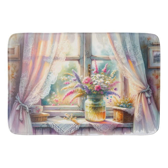 Sunlit Cottage Window Wildflowers Bath Mat (Front)