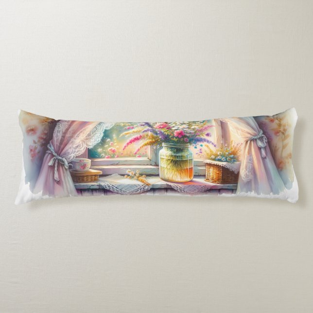 Sunlit Cottage Window Wildflowers Body Cushion (Front)