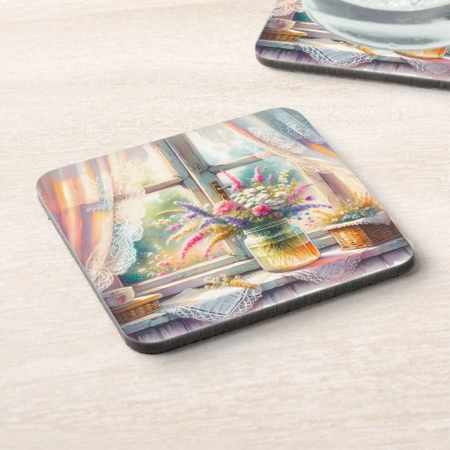 Sunlit Cottage Window Wildflowers Coaster (Left Side)