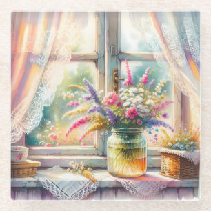 Sunlit Cottage Window Wildflowers Glass Coaster