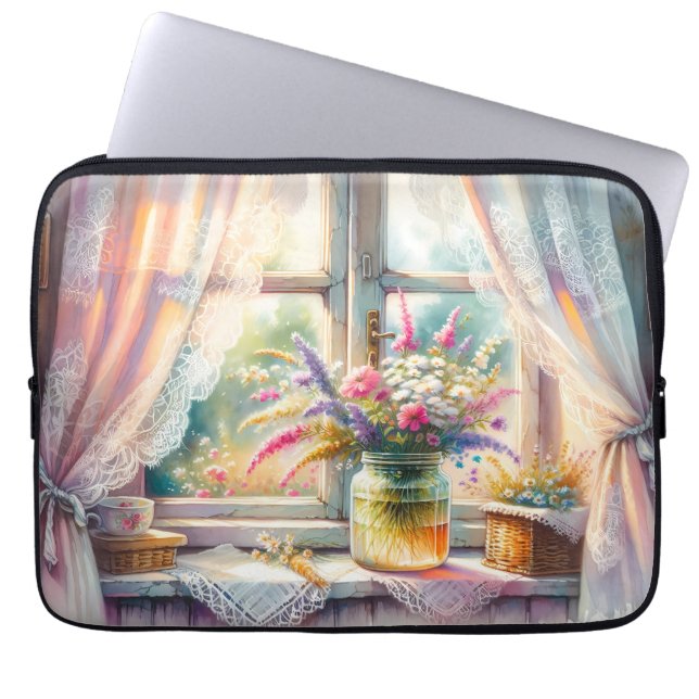 Sunlit Cottage Window Wildflowers Laptop Sleeve (Front)