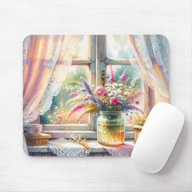 Sunlit Cottage Window Wildflowers Mouse Mat (With Mouse)