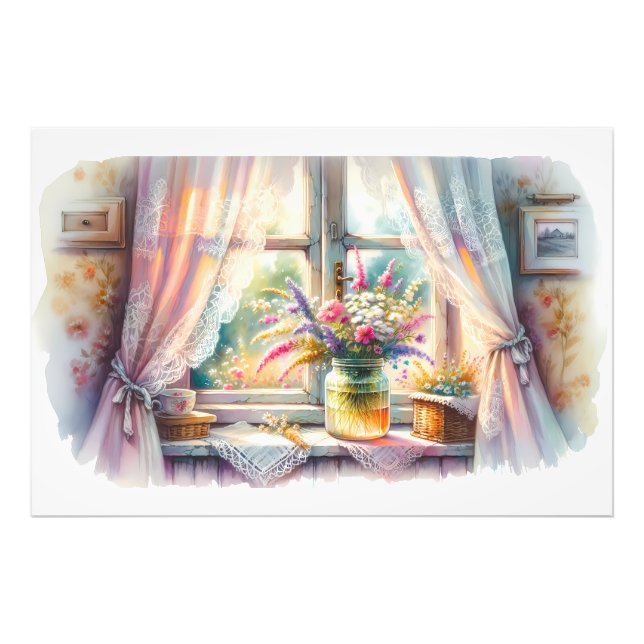 Sunlit Cottage Window Wildflowers Photo Print (Front)