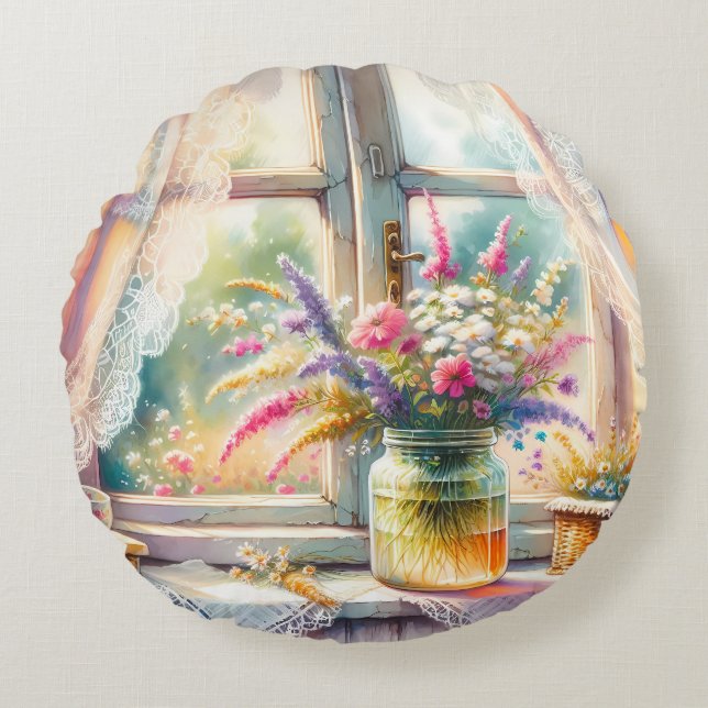 Sunlit Cottage Window Wildflowers Round Cushion (Front)