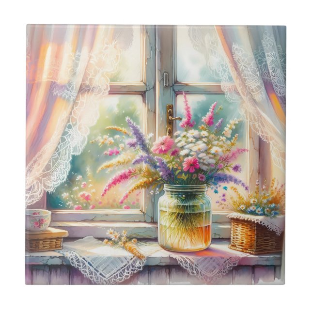 Sunlit Cottage Window Wildflowers Tile (Front)