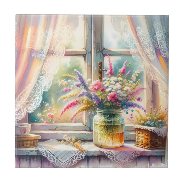 Sunlit Cottage Window Wildflowers Tile (Front)