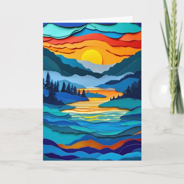 Sunlit Cut-Paper Lake Dawn Card (Front)