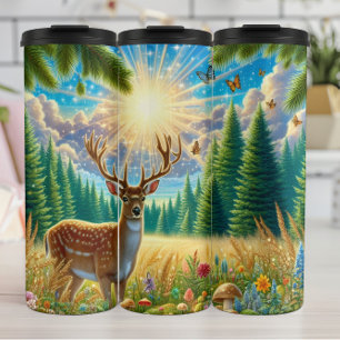 Sunlit Deer in Magical Meadow. Thermal Tumbler