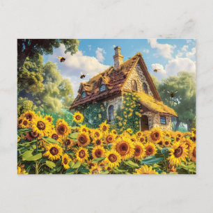 Sunlit Farmhouse with Blooming Sunflowers Postcard