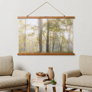 Sunlit forest, modern nature photo hanging tapestry
