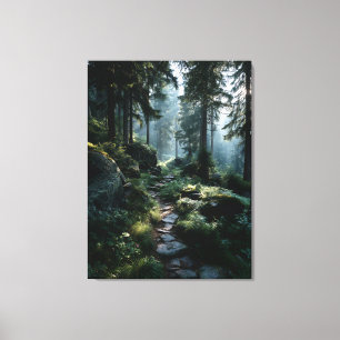 Sunlit Forest Path Through Ancient Pines Canvas Print