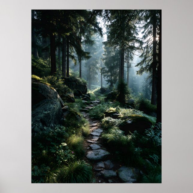 Sunlit Forest Path Through Ancient Pines Poster (Front)