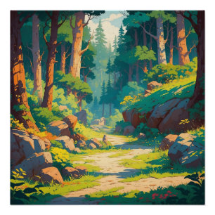 Sunlit Forest Path – Tranquil Woodland Nature Scen Poster