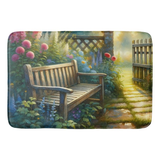 Sunlit Garden Pathway Gate Scene Bath Mat (Front)